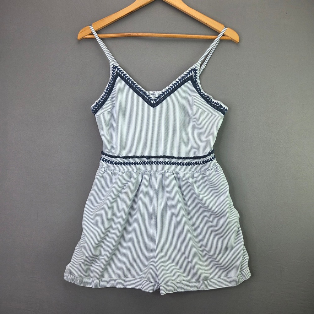 Soprano Romper Seersucker Stripe Embroidered V-Neck Size M Summer Boho